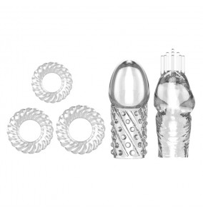 PLEASE ME Delay Glans Sleeve & Cock Rings (Full Set 5 Pieces - Transparent)